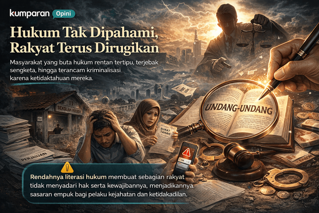 Ilustrasi ini menggambarkan realitas pahit masyarakat yang terjebak dalam ketidaktahuan hukum.Gambar ini dihasilkan dari Gemini AI.