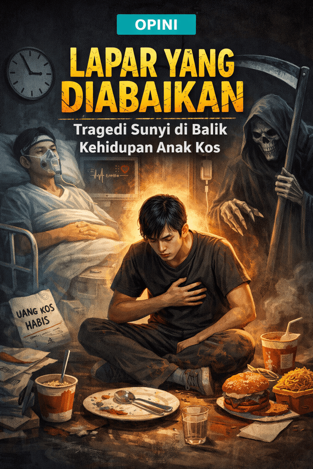 Ilustrasi ini menghadirkan potret sunyi yang menggugah tentang kehidupan anak kos yang sering mengabaikan rasa lapar. Gambar ini dihasilkan dari Gemini AI.
