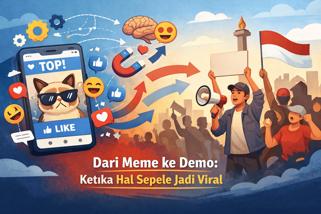 Dari layar ponsel ke jalanan: ketika meme sederhana berubah menjadi gelombang aksi publik. Gambar ini dihasilkan dari Gemini AI.