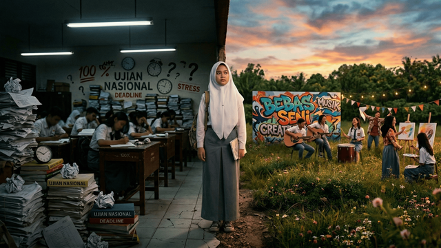 Ilustrasi seorang siswa dengan dualitas eksplorasi dan tekanan. Foto: Generated by AI
