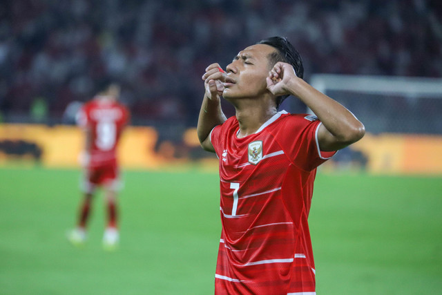 Pemain Timnas Indonesia Beckham Putra  melakukan selebrasi pada pertandingan FIFA Series 2026 antara Timnas Indonesia vs Saint Kitts and Nevis di Stadion Gelora Bung Karno, Jumat (27/3/2026). Foto: Iqbal Firdaus/kumparan