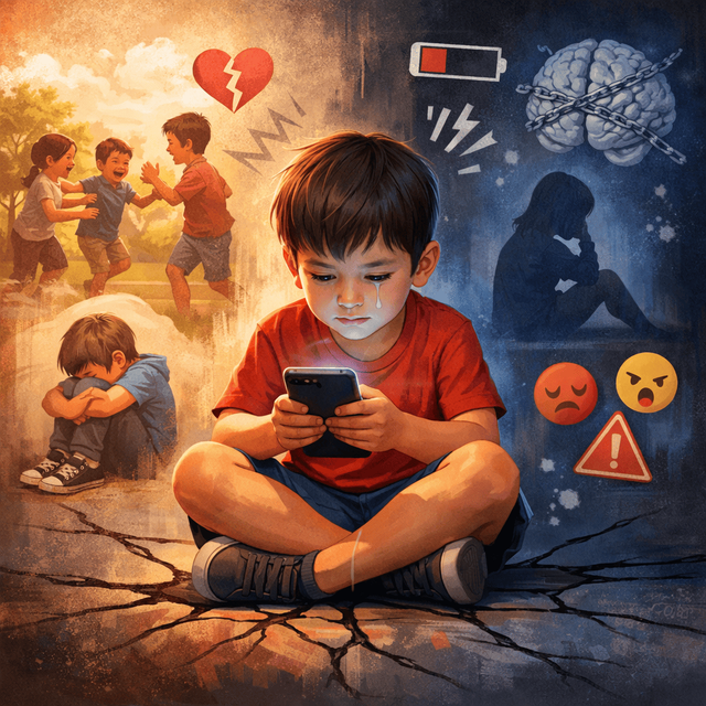 Ilustrasi ini menggambarkan seorang anak larut dalam layar kecilnya, sementara dunia nyata perlahan menjauh dan merusak mental anak. Gambar ini dihasilkan dari Gemini AI.