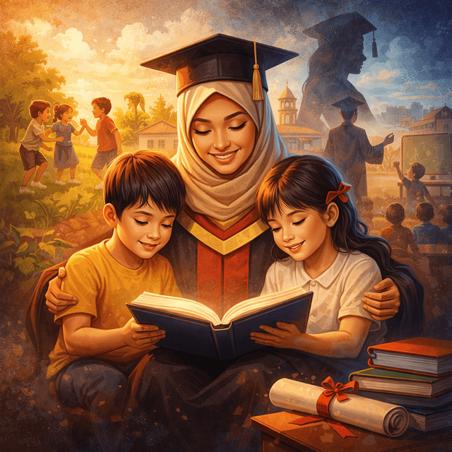 Ilustrasi ini menggambarkan seorang ibu berpendidikan menuntun anak-anaknya lewat buku, menggambarkan bahwa ilmu dari seorang ibu adalah cahaya yang membentuk masa depan generasi. Gambar ini dihasilkan dari Gemini AI.