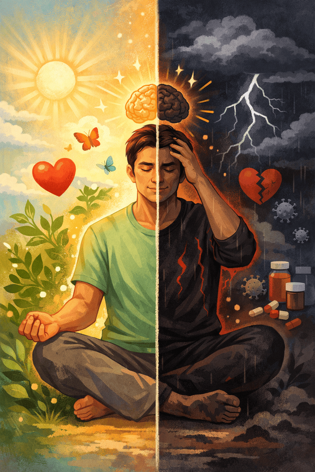 Ilustrasi ini menggambarkan dua sisi kehidupan: pikiran positif yang menghadirkan ketenangan, kesehatan, dan harapan, berbanding kontras dengan pikiran negatif yang memicu stres, penyakit, dan tekanan emosional. Gambar ini dihasilkan dari Gemini AI.