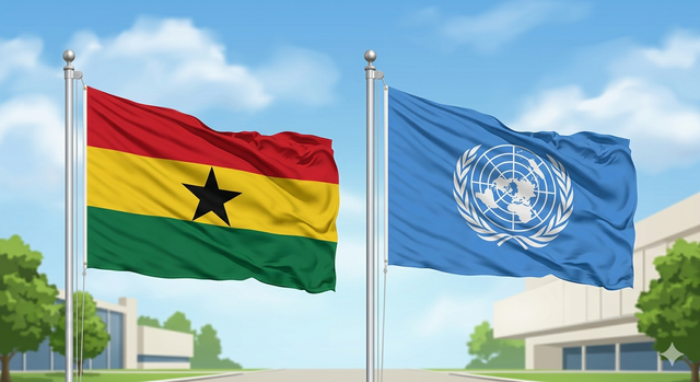 Ilustrasi bendera Ghana dan Perserikatan Bangsa-bangsa (Gambar sepenuhnya digenerasi menggunakan Gemini AI)