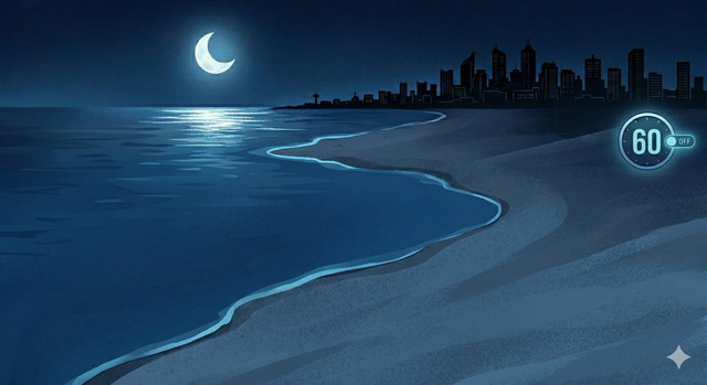 Ilustrasi Earth Hour di sebuah kota pesisir (Sumber: Gemini AI generated image)