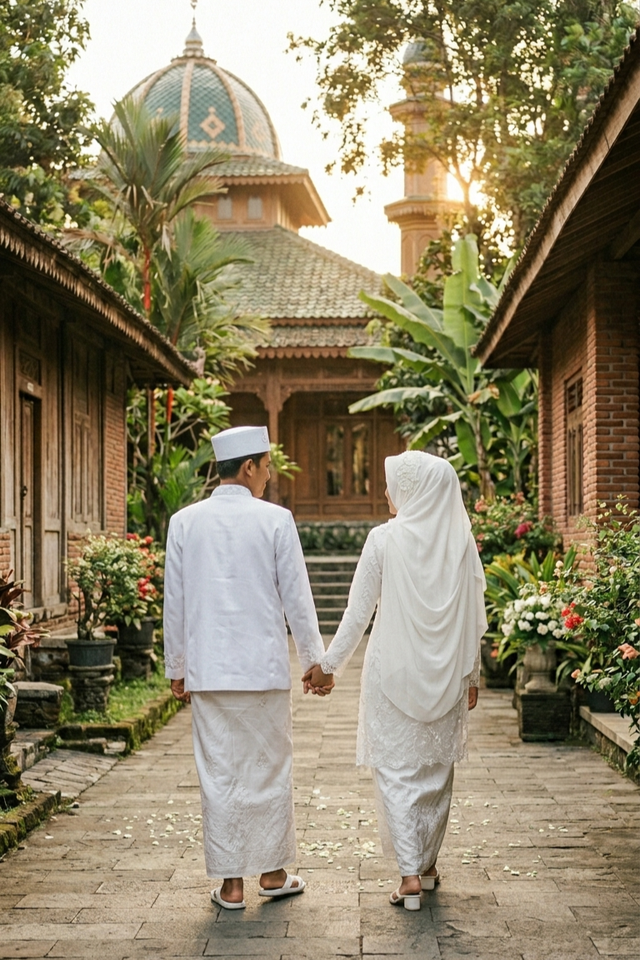 Ilustrasi tersebut merepresentasikan harmonisasi nilai-nilai Islam melalui simbol sarung yang memadukan kesucian niat, kesetaraan gender dalam koridor takwa, dan keteguhan menjaga identitas budaya di tengah modernitas. (Foto: Dokumen Pribadi/Nano Banana AI Generated)