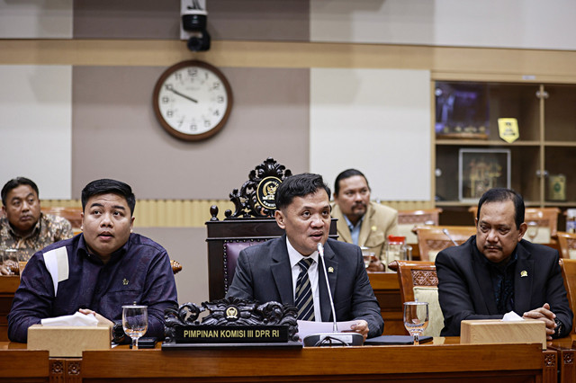 Ketua Komisi III DPR Habiburokhman bersama Anggota Komisi III Rikwanto dan Anggota Komisi VI Kawendra Lukistian mengikuti RDPU terkait kasus videografer Amsal Christy Sitepu di Kompleks Parlemen, Senayan, Jakarta, Senin (30/3/2026). Foto: Dhemas Reviyanto/ANTARA FOTO