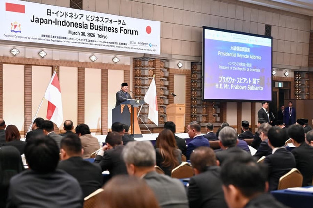 Presiden Prabowo Subianto menghadiri Forum Bisnis Indonesia-Jepang di Jepang, Senin (30/3/2026). Foto: Laily Rachev/Biro Pers Sekretariat Presiden