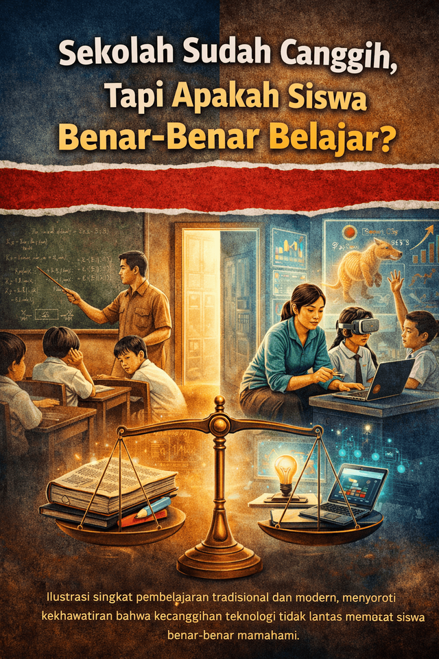 Ilustrasi kontras antara pembelajaran tradisional dan modern, menyoroti bahwa kecanggihan teknologi belum tentu menjamin siswa benar-benar memahami proses belajar. Foto: Dok. ChatGPT