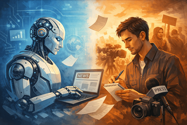 Ilustrasi perbandingan antara AI dan jurnalis manusia dalam proses penulisan berita.Sumber: (Ilustrasi dibuat menggunakan Artificial Intelligence (AI)).