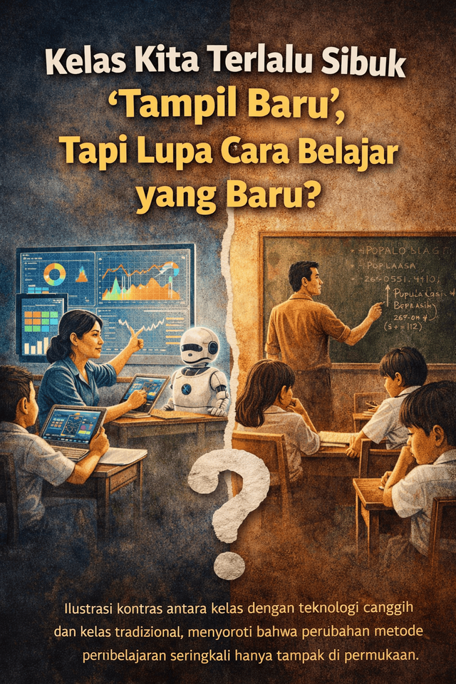 Ilustrasi kontras antara kelas berteknologi dan kelas tradisional, menyoroti bahwa perubahan pembelajaran sering kali hanya terlihat di permukaan tanpa mengubah cara belajar siswa. (sumber : foto diatas diambil dari pemilik narasumber nya langsung)