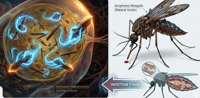 Ilustrasi kristal hemozoin dan nyamuk Anopheles sebagai vektor plasmodium. Foto: Gemini AI