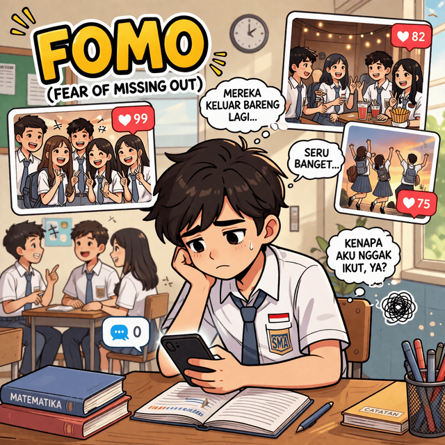Ilustrasi FOMO (Fear of Missing Out) pada pelajar. Foto: Dokumentasi pribadi