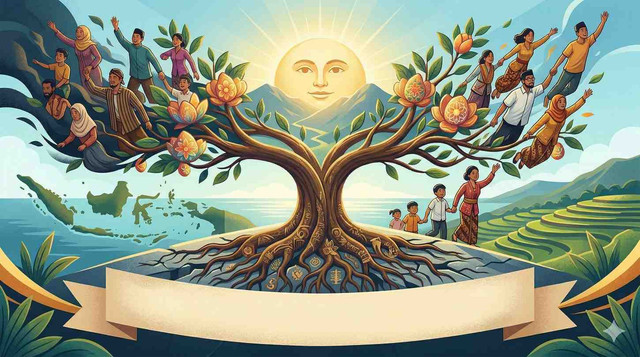 Ilustrasi pohon kehidupan yang berakar kuat di tanah Indonesia, dengan cabang-cabang yang merangkul keberagaman budaya dan generasi, melambangkan persatuan, harmoni, serta harapan masa depan yang tumbuh dari akar kearifan lokal. Foto: Gemini AI