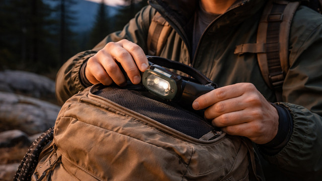 Ilustrasi pendaki yang membuka headlamp. Gambar dibuat menggunakan ChatGPT (AI)