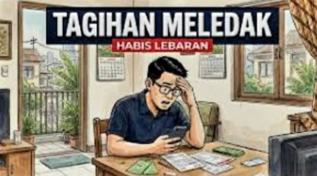 Foto: ilustrasi seseorang yang sedang pusing memikirkan tagihan hutang. (sumber : AI )