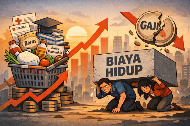 Deskripsi foto: Biaya hidup melonjak, gaji tertinggal—manusia terhimpit beban ekonomi yang kian berat. Gambar ini dihasilkan dari Gemini AI.