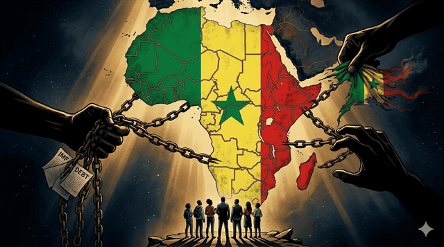Ilustrasi AI mengenai Senegal yang dihimpit dua tekanan eksternal sekaligus: program utang IMF yang membekukan miliaran dollar bantuan, dan tekanan Barat atas kebijakan sosialnya. Dua rantai, satu benua.