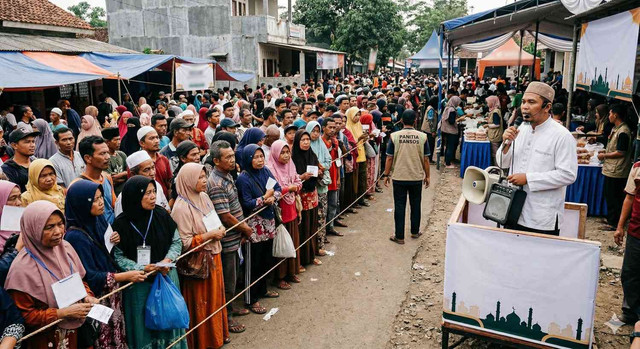 Ilustrasi nntrean panjang warga menunggu pembagian bantuan sosial, sementara seorang penceramah menyampaikan pesan keagamaan di tengah kerumunan, menggambarkan pertemuan antara kebutuhan ekonomi dan dakwah sosial dalam kehidupan masyarakat. Foto: Gemini AI