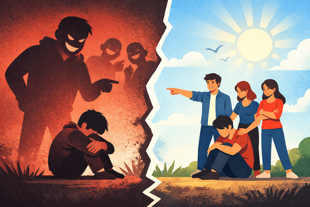 Ilustrasi kontras: perundungan di satu sisi, keberanian membela korban di sisi lain. Foto: Gemini AI