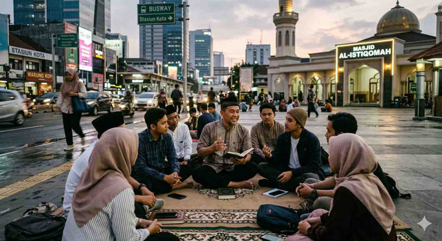 Ilustrasi gambar ini merepresentasikan harmoni antara kehidupan modern dan spiritualitas, di mana ruang publik menjadi media dakwah yang inklusif dan dekat dengan masyarakat. Photo: Gemini AI