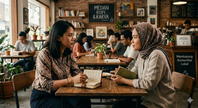 Ilustrasi dua orang perempuan sedang duduk berhadapan di sebuah kafe dengan ekspresi wajah yang serius namun hangat. Dimana obrolan mereka bukan sekedar gosip, melainkan diskusi yang bermakna. Foto: Gemini AI