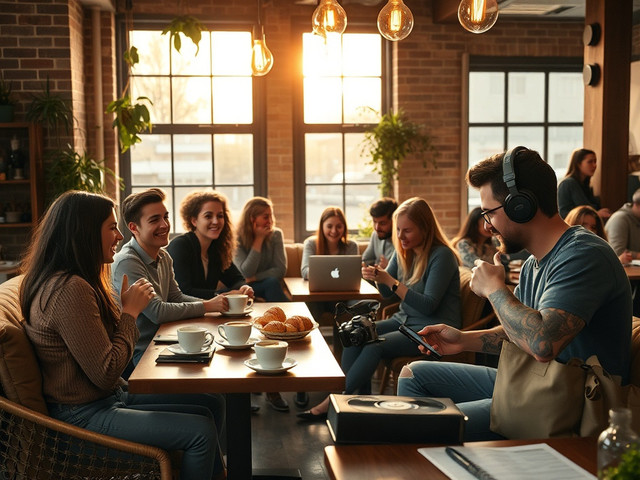 Suasana coffee shop dengan konsep aesthetic yang menarik minat pengunjung untuk bersantai dan berinteraksi, mencerminkan tren konsumsi berbasis pengalaman di kalangan generasi muda. sumber : Generate AI 