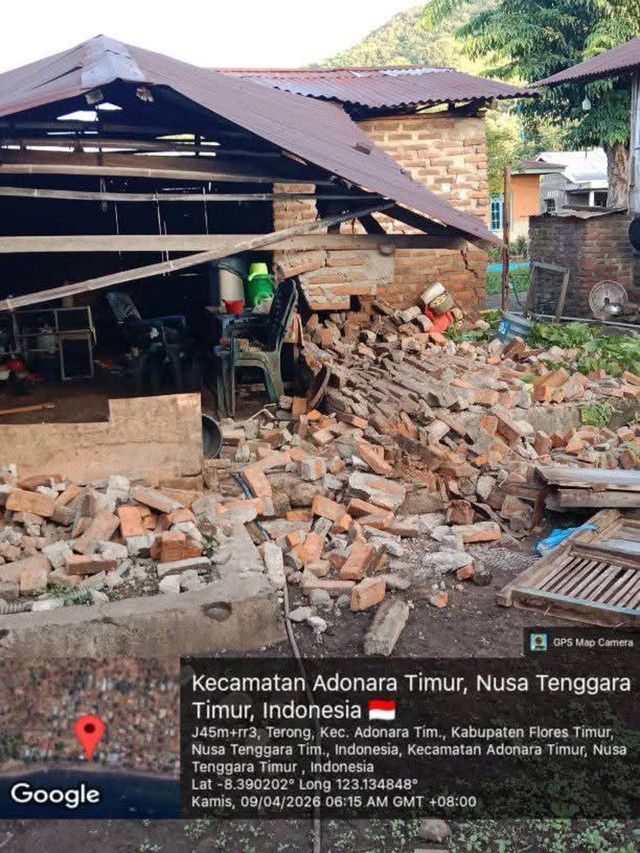 Kondisi rumah warga di desa Terong, Kecamatan Adonara Timur, Kabupaten Flores Timur, NTT rubuh diguncang gempa. Foto: Dok. Istimewa