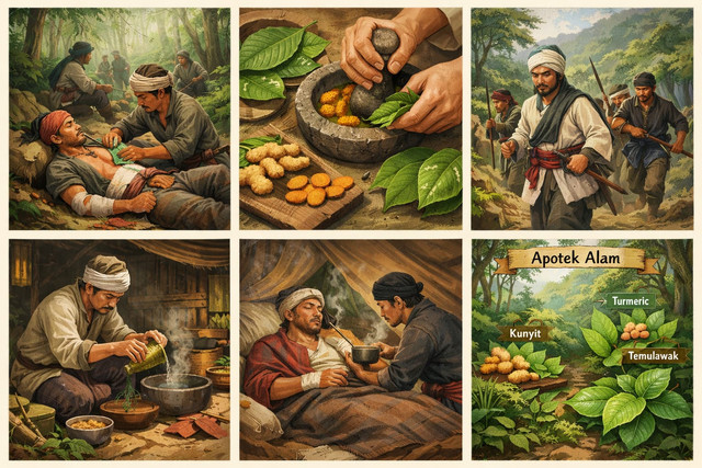 Pengobatan tradisional menggunakan tanaman herbal (Apotek Alam). Foto: Generated by AI