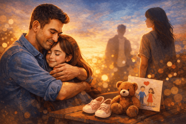 Ilustrasi ini menampilkan kehangatan pelukan seorang ayah kepada putrinya sebagai simbol cinta pertama yang membentuk rasa aman, harga diri, dan cara seorang perempuan memahami kasih sayang hingga dewasa. Foto: Gemini AI