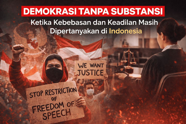 Ilustrasi demonstrasi kebebasan berekspresi dan keadilan dalam demokrasi Indonesia serta isu HAM di Indonesia. Sumber: Gemini AI