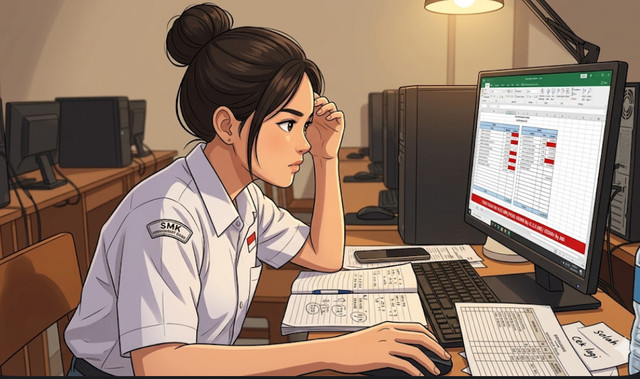 “Ilustrasi siswa akuntansi memeriksa laporan keuangan yang tidak balance.” (Sumber: Dokumen Pribadi)