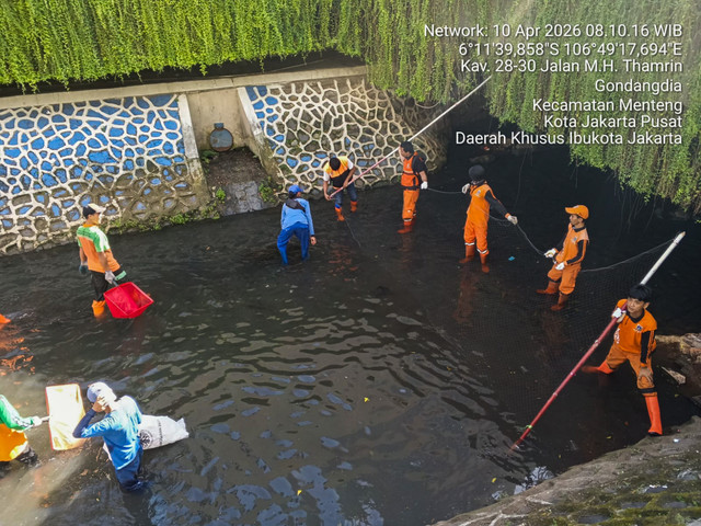 Aktivitas penangkapan ikan sapu-sapu oleh PPSU Gondangdia dan sejumlah petugas gabungan di depan aliran sungai depan mal di kawasan Bundaran HI, Jakarta Pusat, Jumat (10/4/2026). Foto: Dok. PPSU Gondangdia