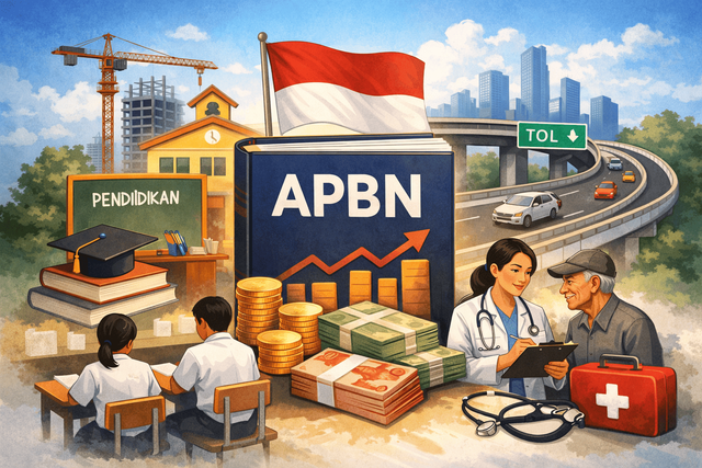 Ilustrasi menampilkan APBN sebagai pusat pengelolaan anggaran negara yang berdampak pada sektor pendidikan, kesehatan, dan infrastruktur, dengan latar bendera Indonesia sebagai simbol kebijakan nasional. Sumber GambarDibuat menggunakan AI Image Generator (DALL·E by OpenAI)