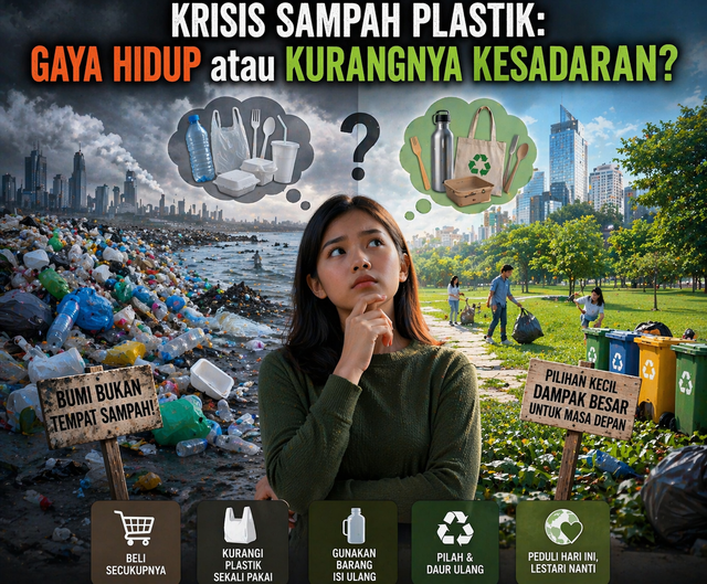 Gambar ini menunjukkan krisis sampah plastik dengan kontras antara lingkungan tercemar dan lingkungan bersih, serta mengajak masyarakat memilih gaya hidup lebih sadar dan ramah lingkungan. Gambar ini dibuat oleh ChatGPT