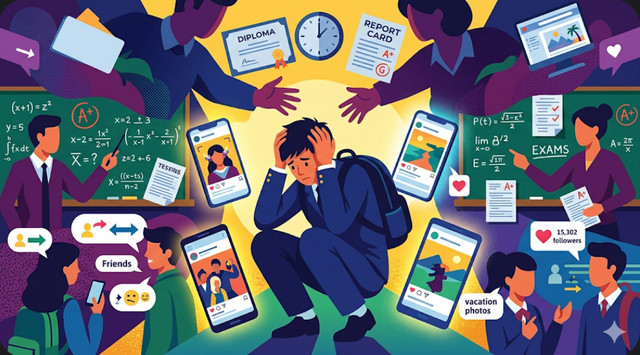 Ilustrasi siswa yang tertekan akibat ekspektasi tinggi dan kebiasaan membandingkan diri. (Sumber : Dok. Pribadi)