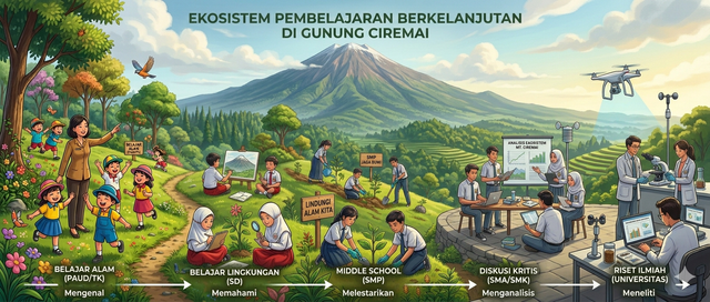 Ilustrasi jenjang pendidikan dari PAUD hingga Perguruan Tinggi di lanskap Gunung Ciremai: mengenal, memahami, melestarikan, menganalisis, hingga meneliti dalam satu alur berkelanjutan.