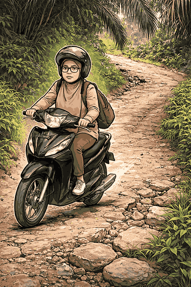 Sosok guru honorer, berjibaku dengan jalanan yang tak bersahabat, namun tetap mengabdi demi anak bangsa (generated by AI)