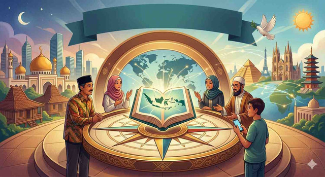Ilustrasi ini menggambarkan harmoni antara nilai keislaman, budaya lokal, dan kemajuan global. Terlihat sekelompok masyarakat dari latar belakang berbeda berdiskusi di sekitar Al-Qur’an yang memancarkan cahaya, melambangkan dakwah sebagai pusat peradaban yang menghubungkan Indonesia dengan dunia melalui ilmu, teknologi, dan toleransi. Foto: Gemini AI
