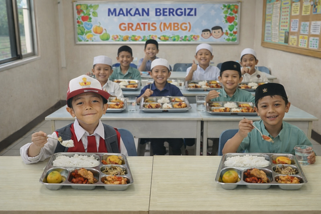 Beberapa anak sedang menikmati makan siang dalam program Makan Bergizi Gratis (MBG). (Sumber: Copilot)