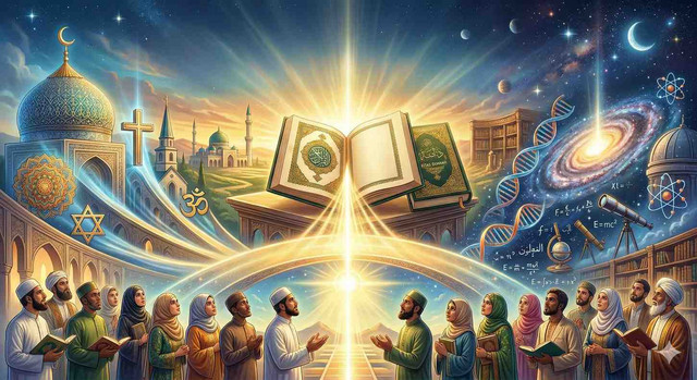 Ilustrasi harmoni antara agama dan ilmu pengetahuan, di mana cahaya wahyu dan akal berpadu membimbing umat manusia menuju pemahaman, kedamaian, dan peradaban yang berkeadaban. Foto: Gemini AI