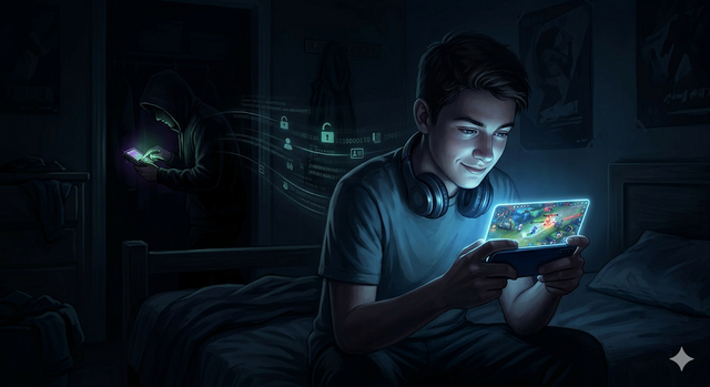 Ilustrasi seorang pencuri sedang melakukan aksinya mengumpulkan data digital diam-diam, sepotong demi sepotong, setiap kali kamu membuka aplikasi. Foto: Gemini AI