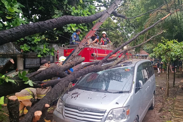 Sebuah mobil tertimpa pohon tumbang di Jalan Badak Singa, Kota Bandung, Selasa (14/4/2026) Foto: Abisatya Ramdhani/kumparan