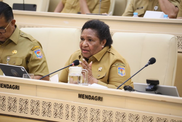 Wamendagri Ribka Haluk memaparkan pengelolaan dana otonomi khusus (Otsus) Papua dalam Rapat Kerja dan Rapat Dengar Pendapat (RDP) bersama Komisi II DPR RI. Foto: Kemendagri RI