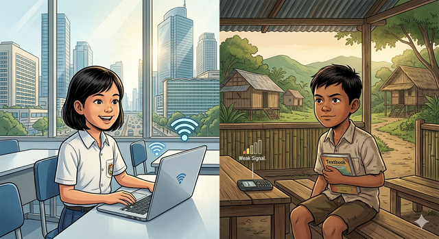 Ilustrasi dua anak, dua dunia (sumber: gemini AI)