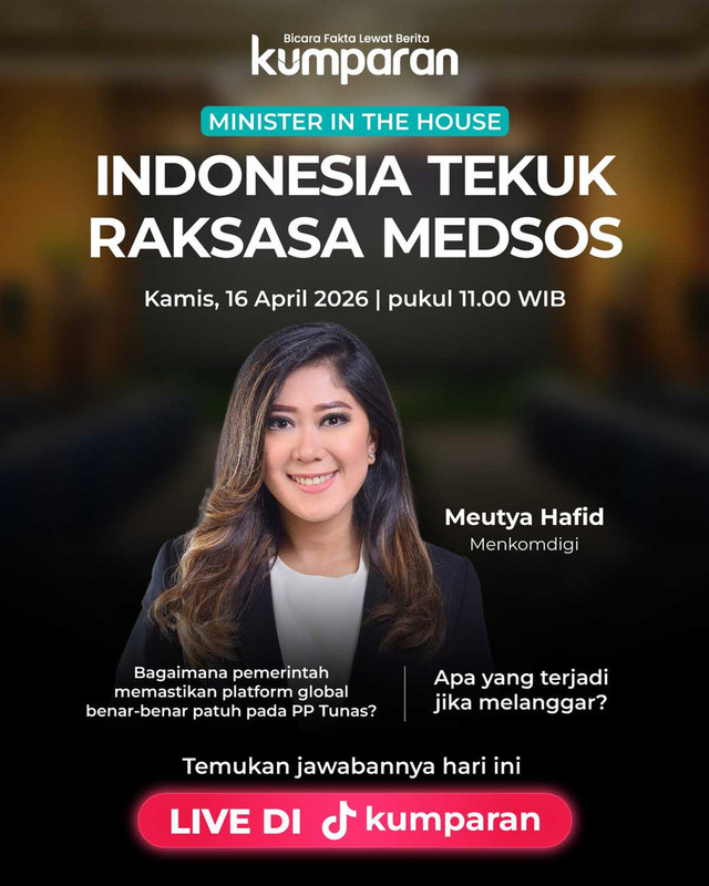 Poster Minister in The House "Indonesia Tekuk Raksasa Medsos" bersama Meutya Hafid di kumparan pada Kamis (16/4/2026). Foto: Dok. kumparan