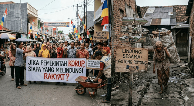 ilustrasi foto berasal dari gemini ai.Ilustrasi krisis kepercayaan publik ketika korupsi merusak fungsi pemerintah, membuat rakyat kecil kehilangan perlindungan dan keadilan yang seharusnya dijamin negara.