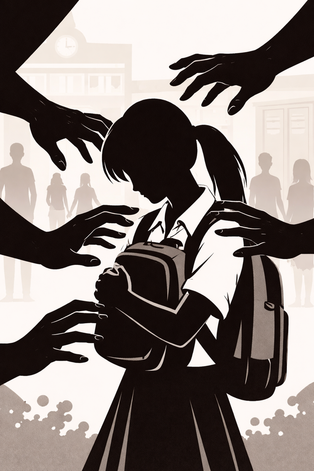 Ilustrasi siswi yang mengalami tekanan dan perlakuan tidak pantas di lingkungan sekolah. (Dokumen Pribadi, 2026)