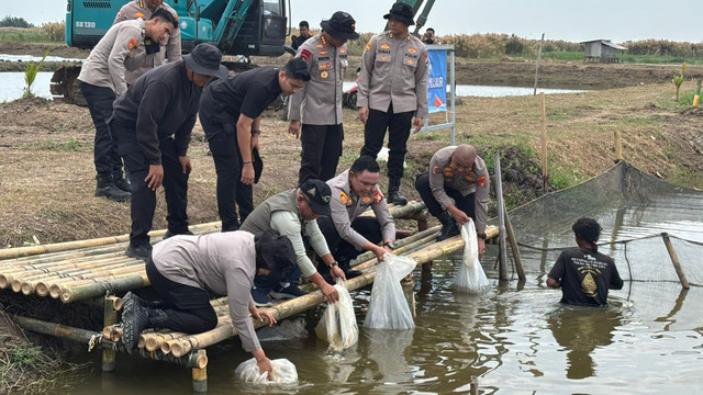 Wakapolda Metro Jaya, Brigjen Pol Dekananto Eko Purwono saat menebar benih tahap ke-2 pasok bahan baku SPPG di Muara Gembong, Kabupaten Bekasi, Sabtu (18/4/2026). Foto: Ryan Iqbal/kumparan